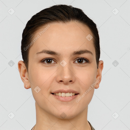 Joyful white young-adult female with short  brown hair and brown eyes