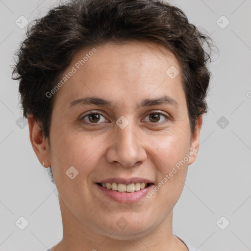 Joyful white adult female with short  brown hair and brown eyes