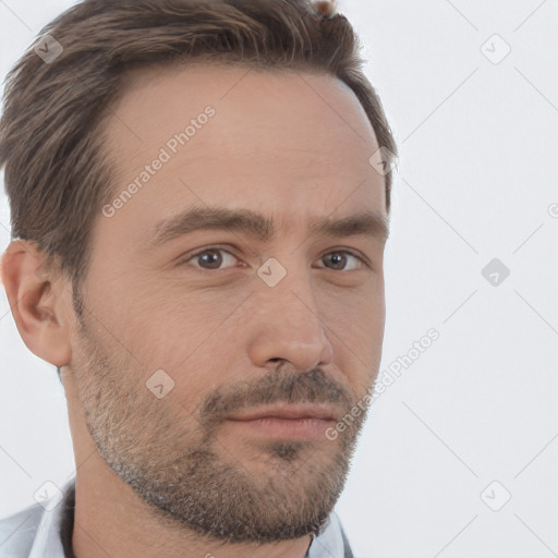 Neutral white young-adult male with short  brown hair and brown eyes