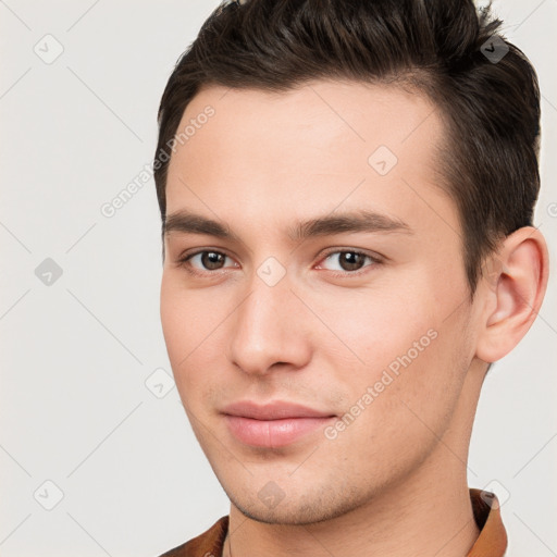 Neutral white young-adult male with short  brown hair and brown eyes