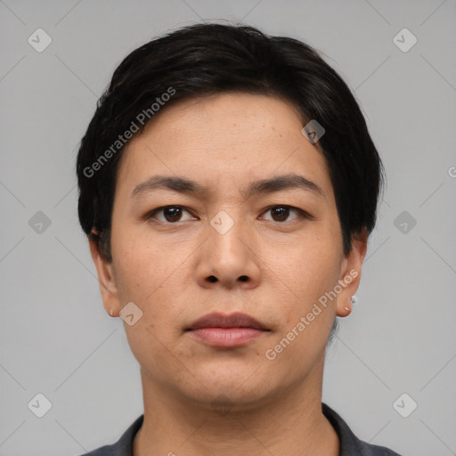 Neutral asian young-adult male with short  black hair and brown eyes