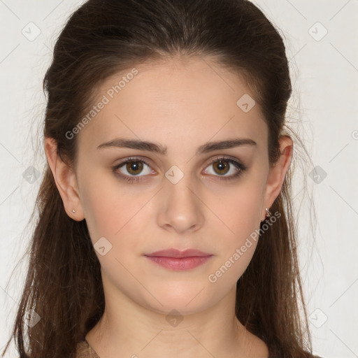 Neutral white young-adult female with long  brown hair and brown eyes