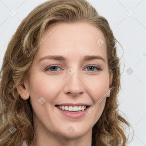 Joyful white young-adult female with long  brown hair and green eyes