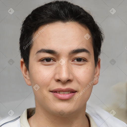 Joyful asian young-adult male with short  brown hair and brown eyes