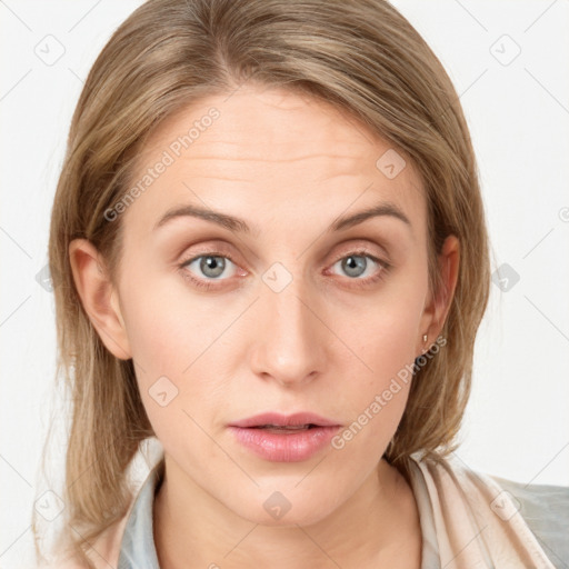 Neutral white young-adult female with medium  brown hair and blue eyes