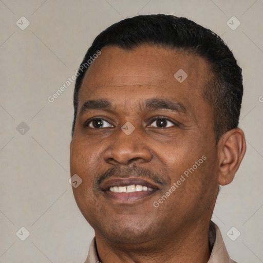 Joyful black young-adult male with short  black hair and brown eyes