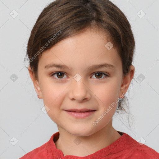 Joyful white child female with medium  brown hair and brown eyes