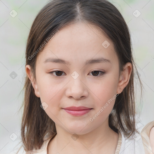 Joyful white child female with medium  brown hair and brown eyes