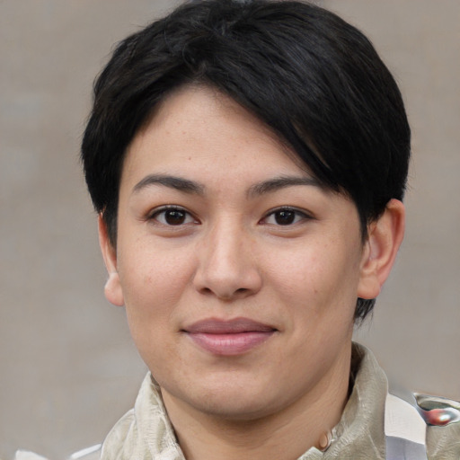 Joyful asian young-adult female with medium  black hair and brown eyes