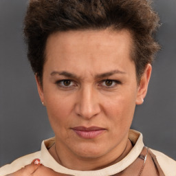 Neutral white adult female with short  brown hair and brown eyes