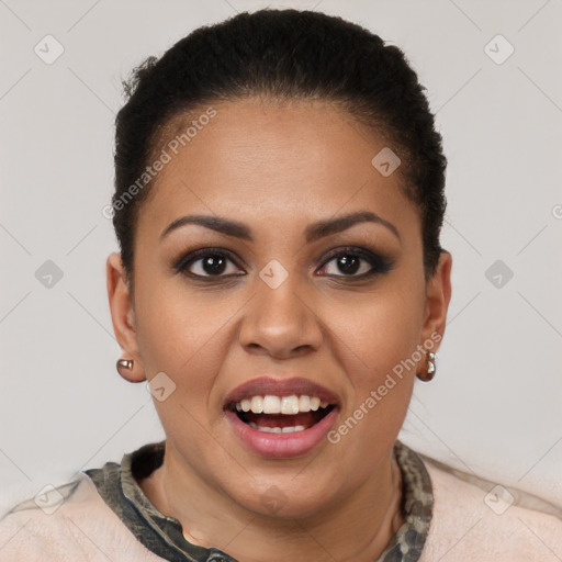 Joyful white young-adult female with short  black hair and brown eyes