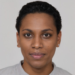 Neutral latino young-adult female with short  black hair and brown eyes