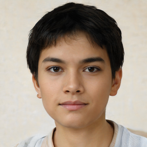 Neutral asian child male with short  black hair and brown eyes