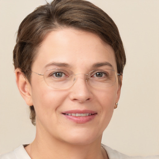 Joyful white adult female with short  brown hair and grey eyes