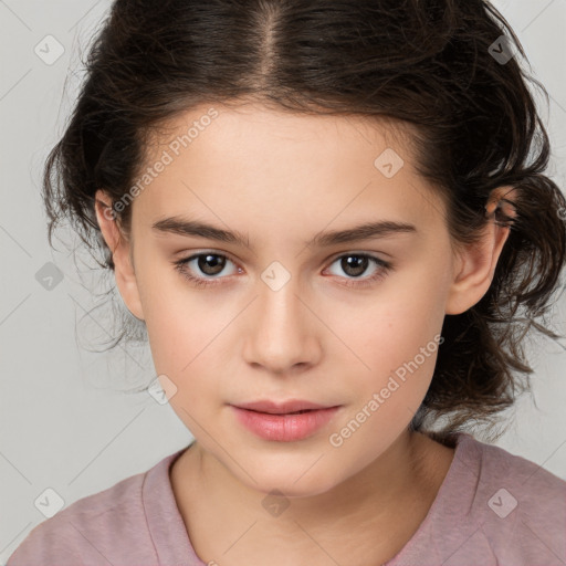 Joyful white child female with medium  brown hair and brown eyes