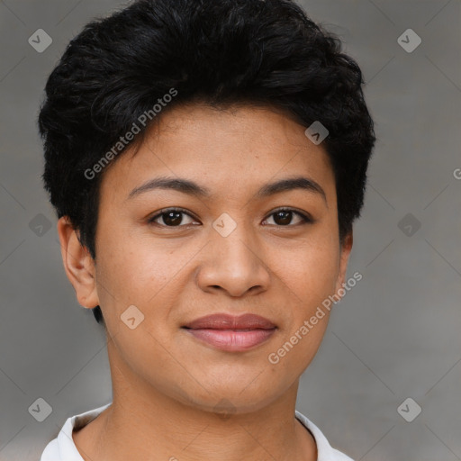 Joyful latino young-adult female with short  brown hair and brown eyes