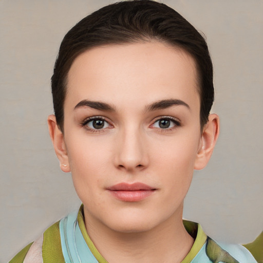 Neutral white young-adult female with medium  brown hair and brown eyes