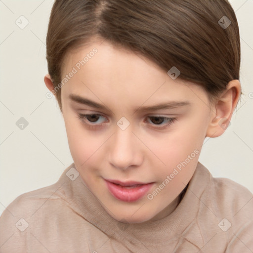 Joyful white child female with short  brown hair and brown eyes