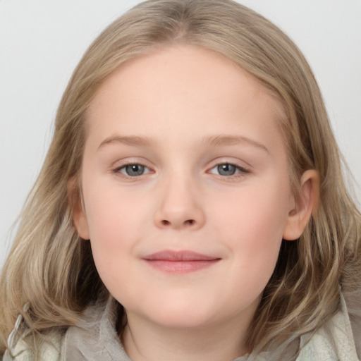 Joyful white child female with medium  brown hair and grey eyes