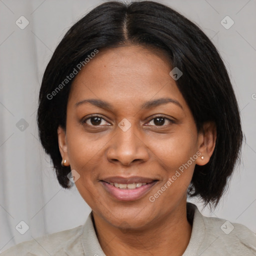 Joyful black adult female with medium  brown hair and brown eyes