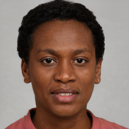 Joyful black young-adult female with short  brown hair and brown eyes