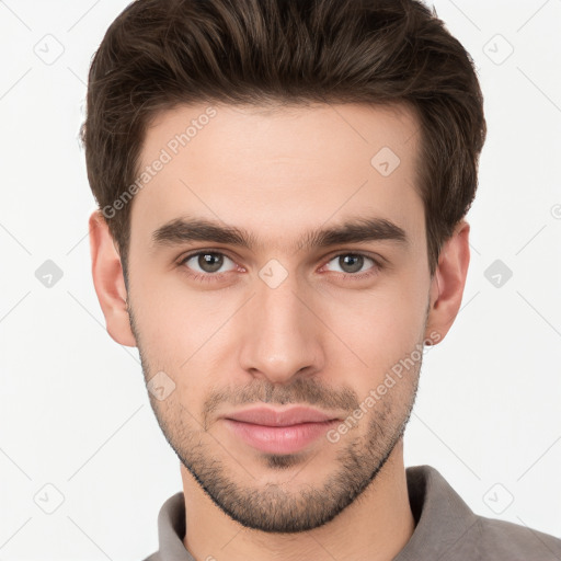 Neutral white young-adult male with short  brown hair and brown eyes