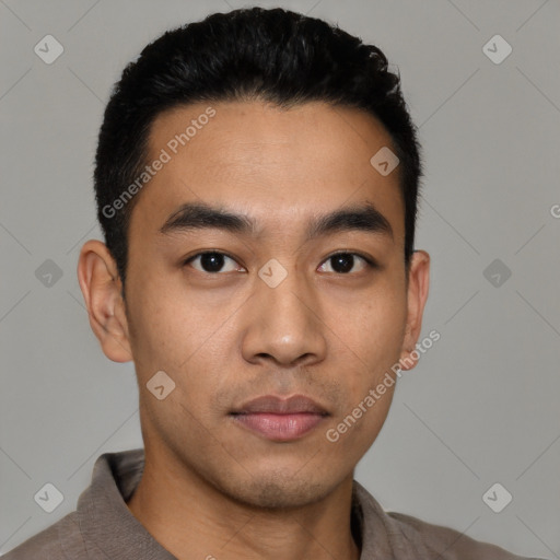 Neutral asian young-adult male with short  black hair and brown eyes