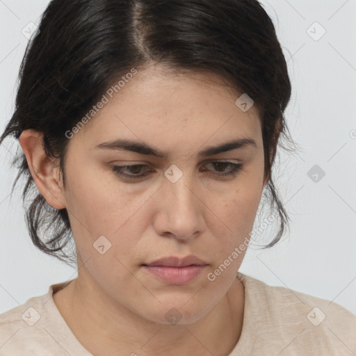 Neutral white young-adult female with medium  brown hair and brown eyes