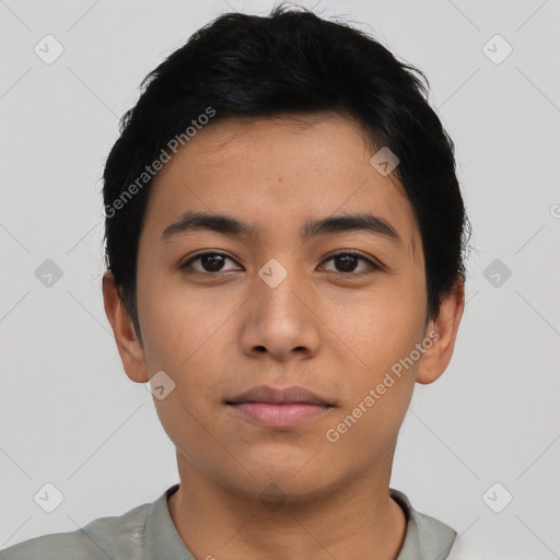 Neutral asian young-adult male with short  black hair and brown eyes