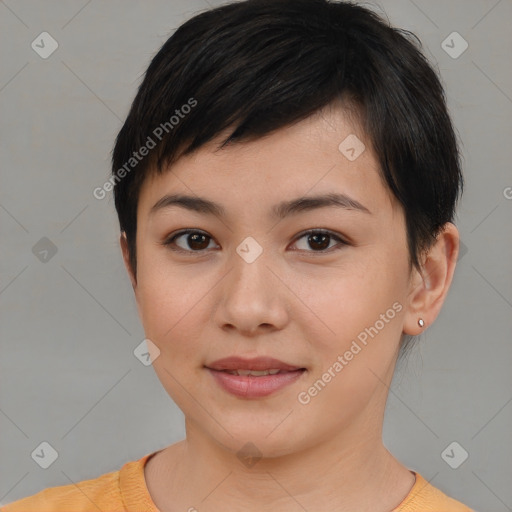 Joyful asian young-adult female with short  brown hair and brown eyes