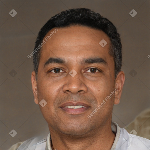 Neutral black adult male with short  black hair and brown eyes