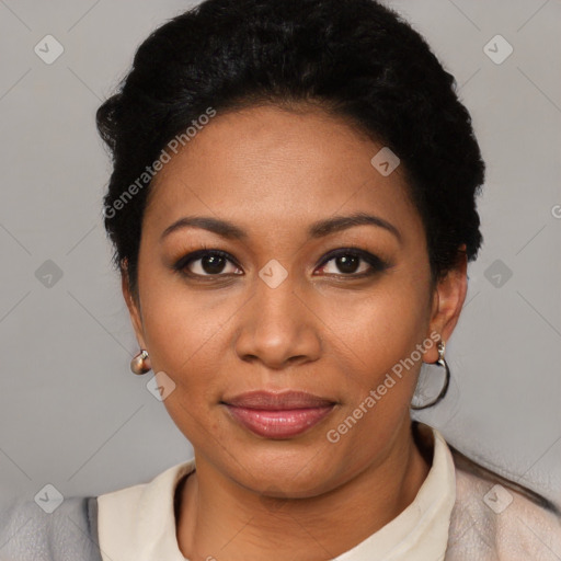 Joyful latino young-adult female with short  black hair and brown eyes