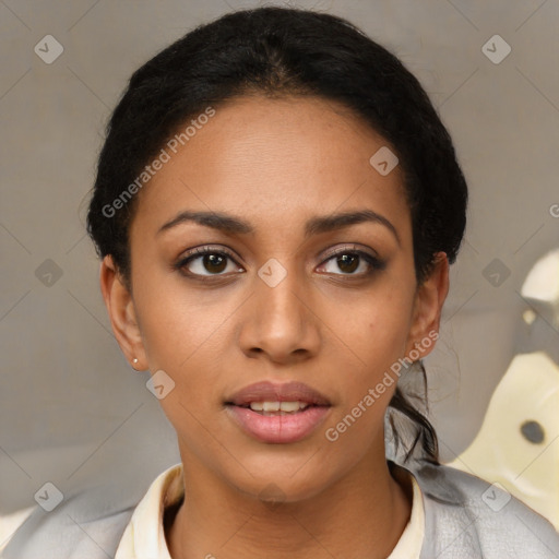 Joyful latino young-adult female with short  brown hair and brown eyes