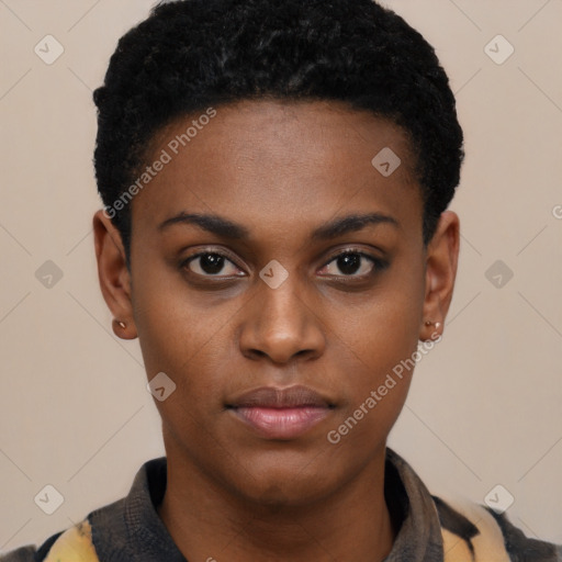 Neutral black young-adult female with short  black hair and brown eyes