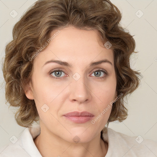 Joyful white young-adult female with medium  brown hair and green eyes