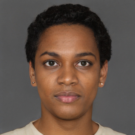 Neutral black young-adult female with short  black hair and brown eyes