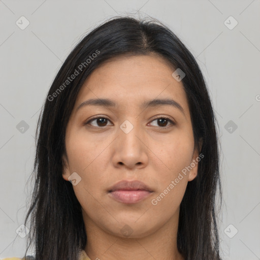 Neutral asian young-adult female with long  brown hair and brown eyes