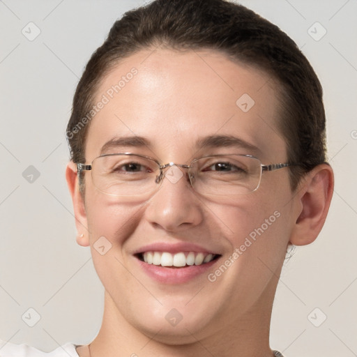 Joyful white young-adult female with short  brown hair and brown eyes