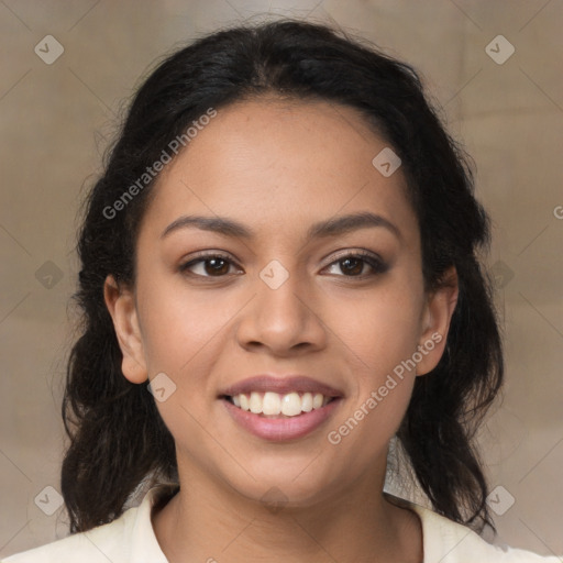 Joyful latino young-adult female with medium  brown hair and brown eyes