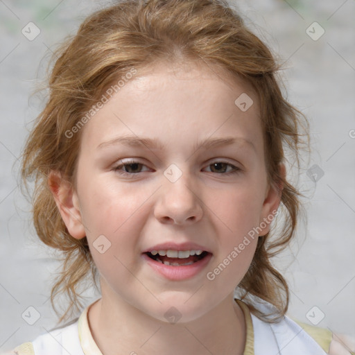 Joyful white child female with medium  brown hair and brown eyes