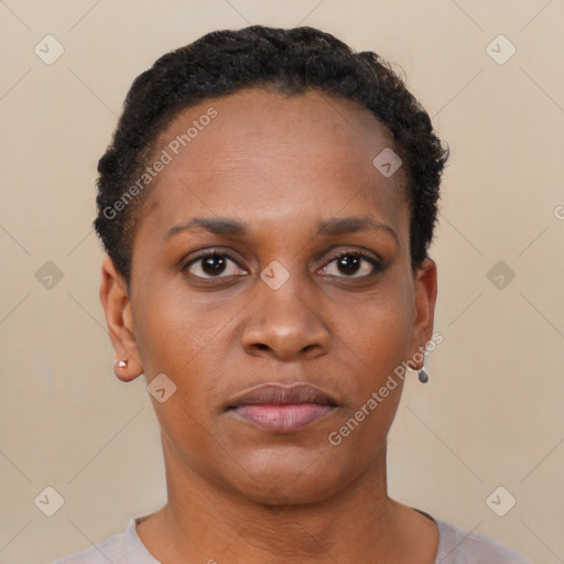 Neutral black young-adult female with short  black hair and brown eyes