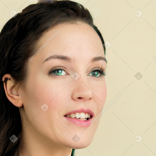 Joyful white young-adult female with long  brown hair and green eyes