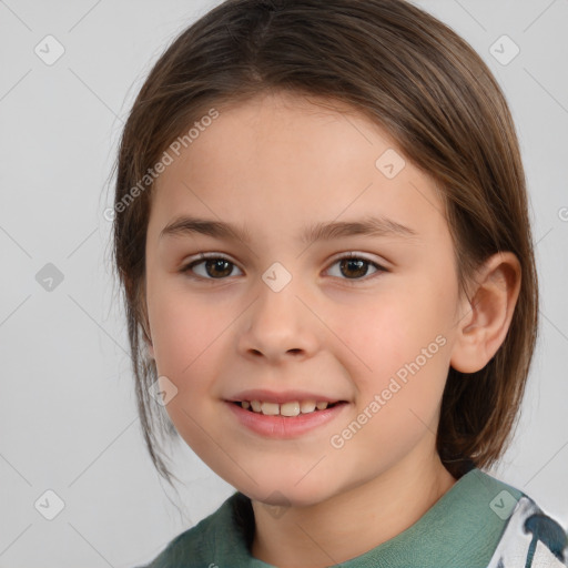 Joyful white child female with medium  brown hair and brown eyes