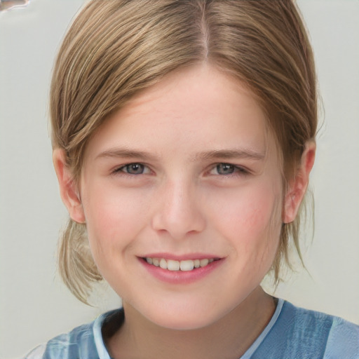 Joyful white child female with medium  brown hair and grey eyes