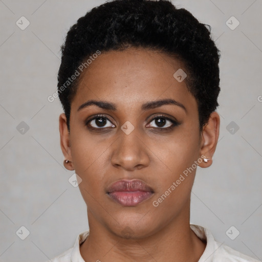 Neutral black young-adult female with short  black hair and brown eyes