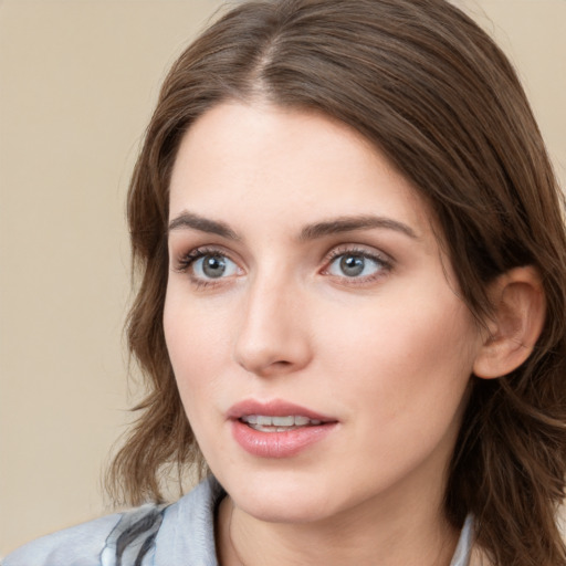 Neutral white young-adult female with long  brown hair and grey eyes