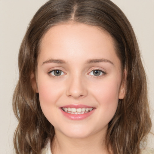 Joyful white young-adult female with medium  brown hair and green eyes