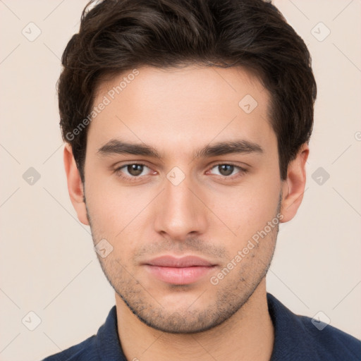 Neutral white young-adult male with short  brown hair and brown eyes