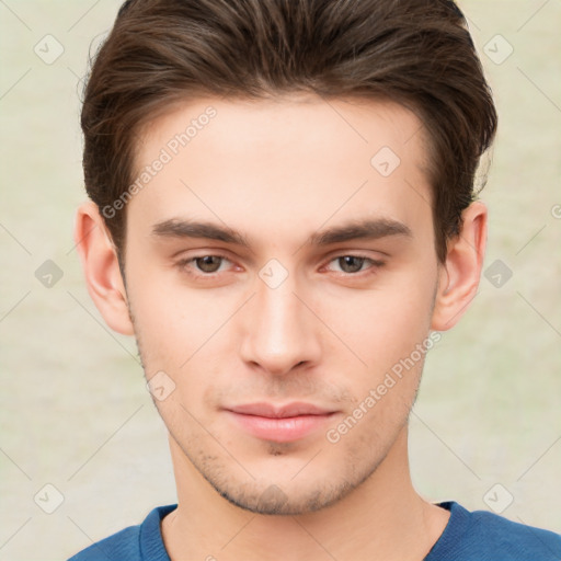 Neutral white young-adult male with short  brown hair and brown eyes