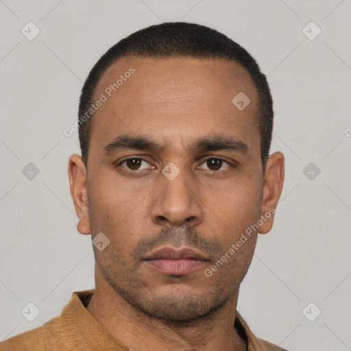 Neutral latino young-adult male with short  black hair and brown eyes